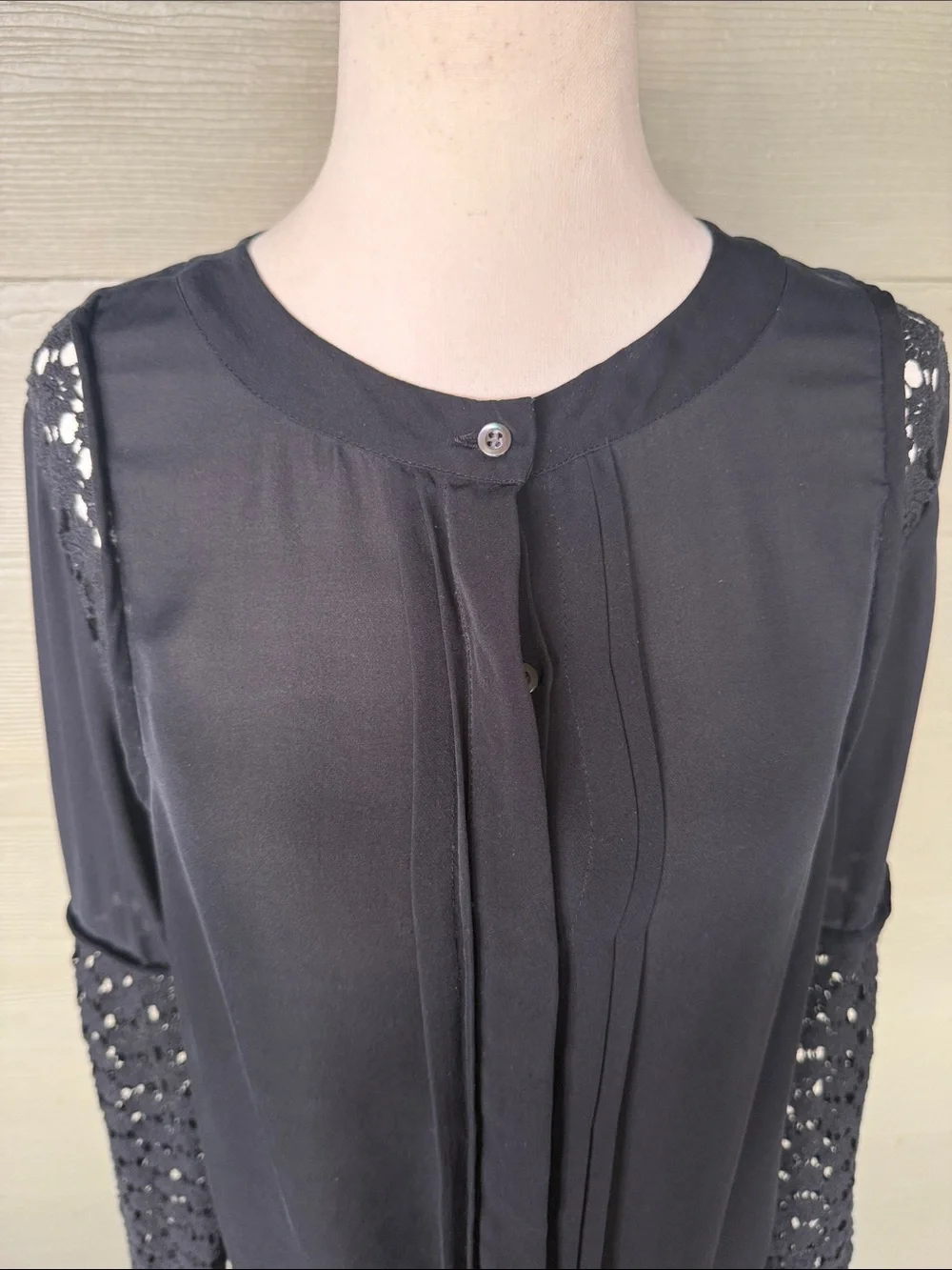 J. Crew Black Long-Sleeve Silk Button Down Blouse with Crochet Sleeves